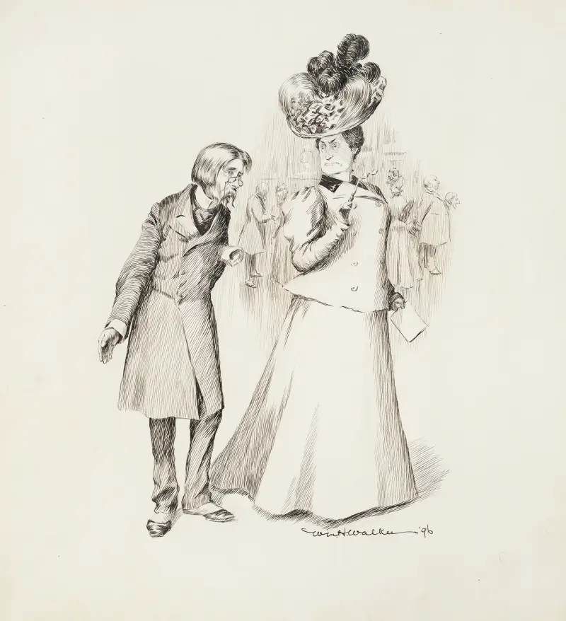 Eine strenge ältere Frau blickt auf einer Party auf einen kleineren Mann herab, dem eine Hand fehlt von William Henry Walker