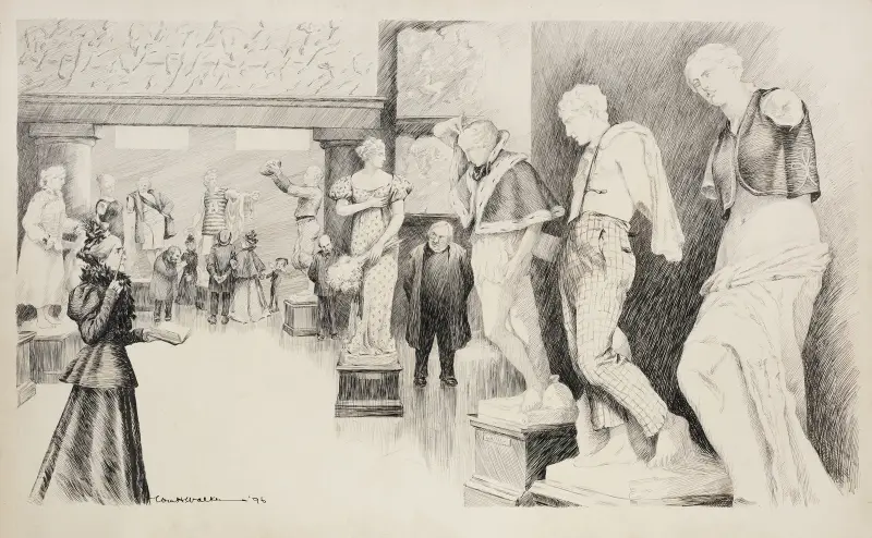 Eine strenge Frau und ein Geistlicher blicken missbilligend auf nackte Statuen in einem Museum, die angezogen wurden von William Henry Walker