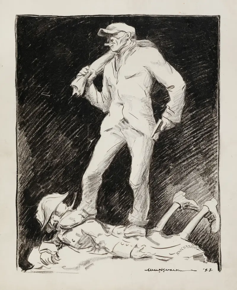 Ein Dieb mit Sack und Gewehr steht auf einem gefallenen Mann, identifiziert als ‚knickerbock‘ von William Henry Walker