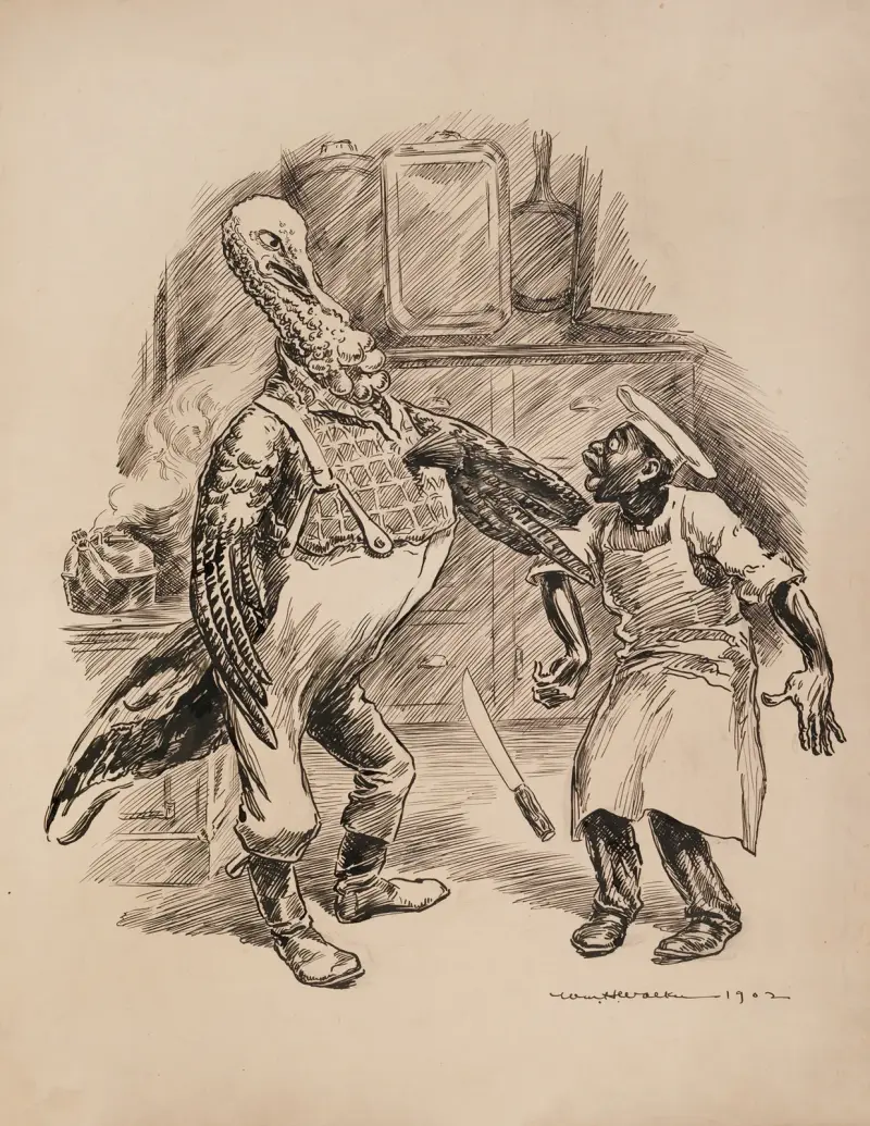 En kalkon, klädd som bonde, griper tag i en kocks arm och får honom att tappa sin slaktarkniv av William Henry Walker