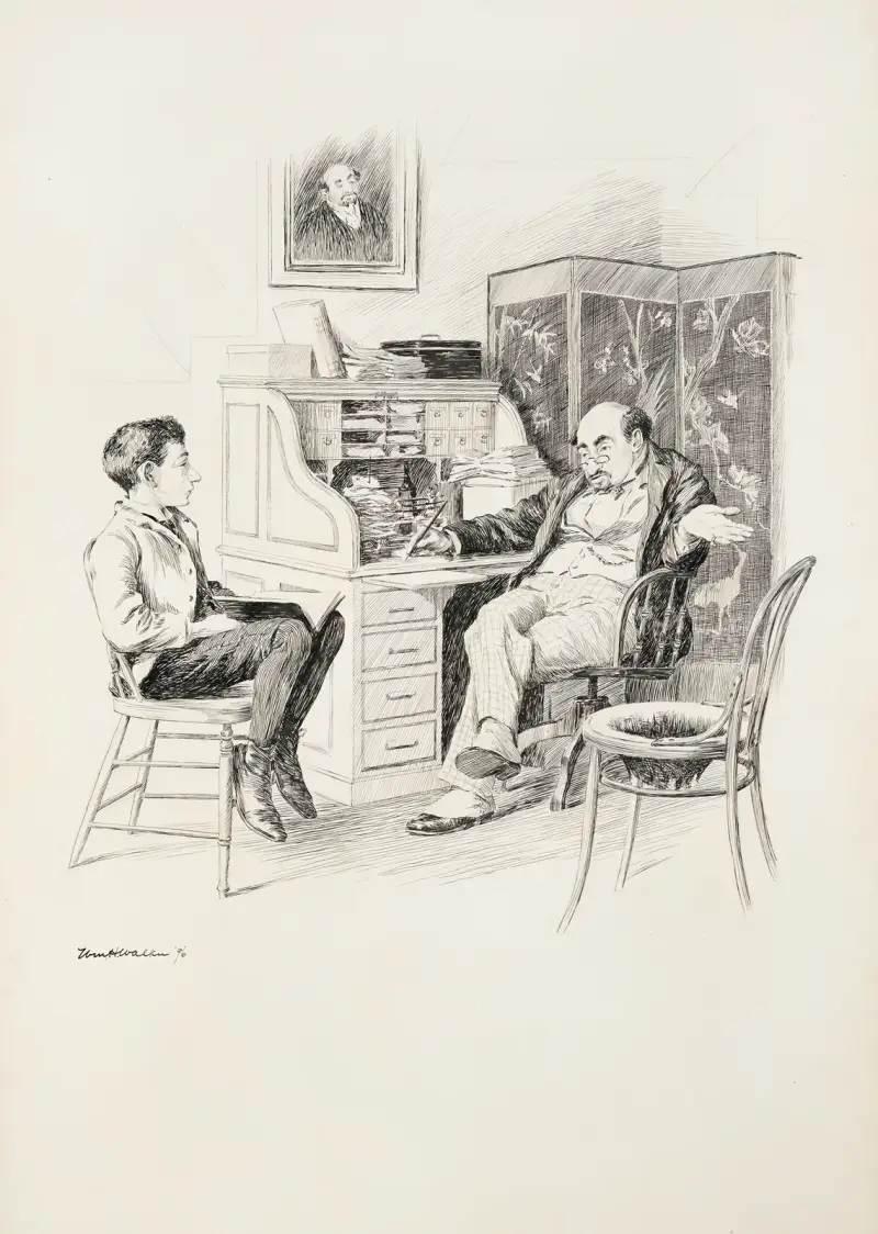 En förmögen man vid sitt skrivbord talar med en pojke som sitter bredvid honom med en bok av William Henry Walker
