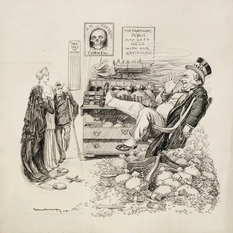 En förmögen man som representerar N.Y. Central räcker ut tungan åt en kvinna som representerar Rättvisan och som stöder en änka och en man som förlorat ett ben av William Henry Walker