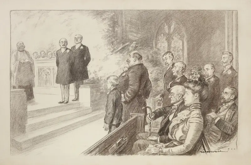 Ett bröllop där alla i bröllopsföljet är stränga män och 'bruden' är en ung pojke av William Henry Walker