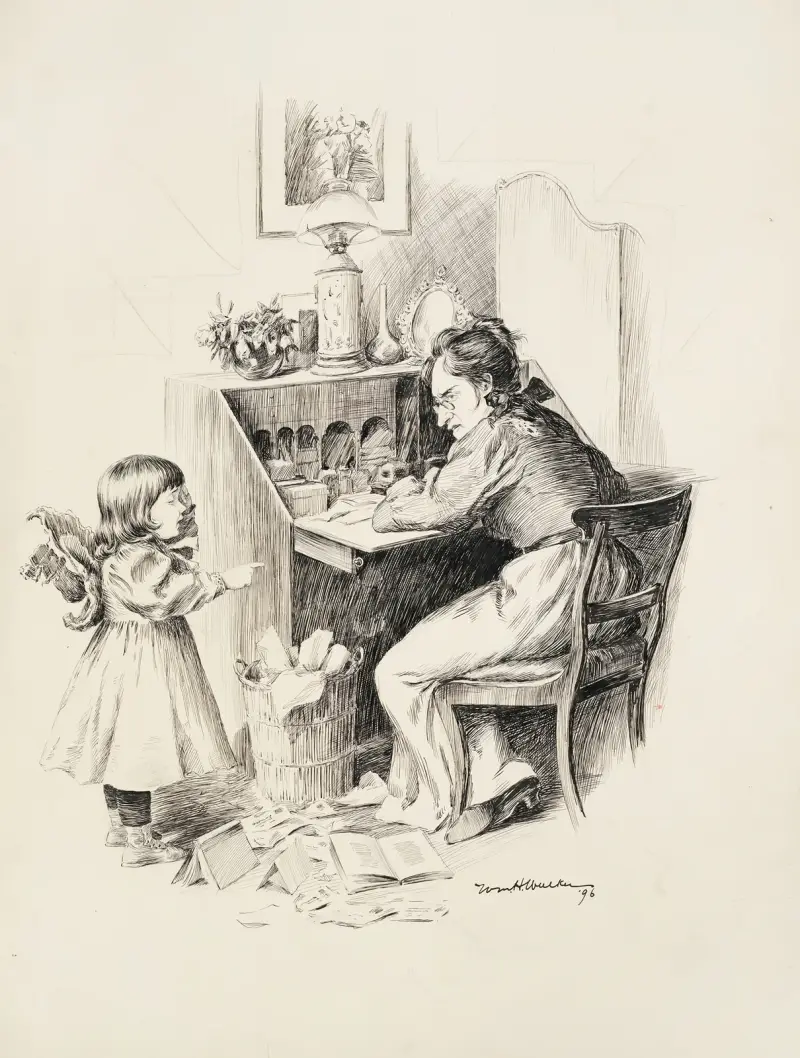 En kvinna vid sitt skrivbord, som försöker skriva, ser argt på en gråtande ung flicka bredvid sig. av William Henry Walker
