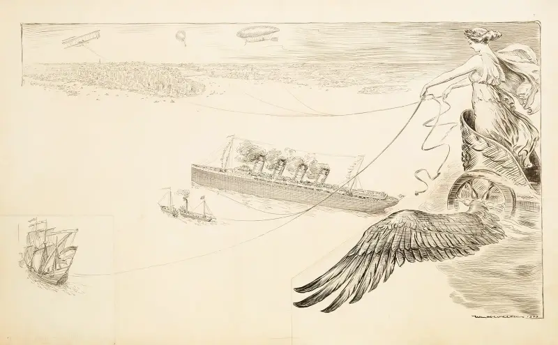 A woman in a winged chariot holds the reins to ships, a plane, a dirigible, and a hot air balloon as they travel towards a crowded city. av William Henry Walker