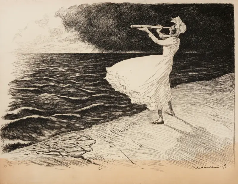 En kvinna spejar ut mot havet med tubkikare av William Henry Walker