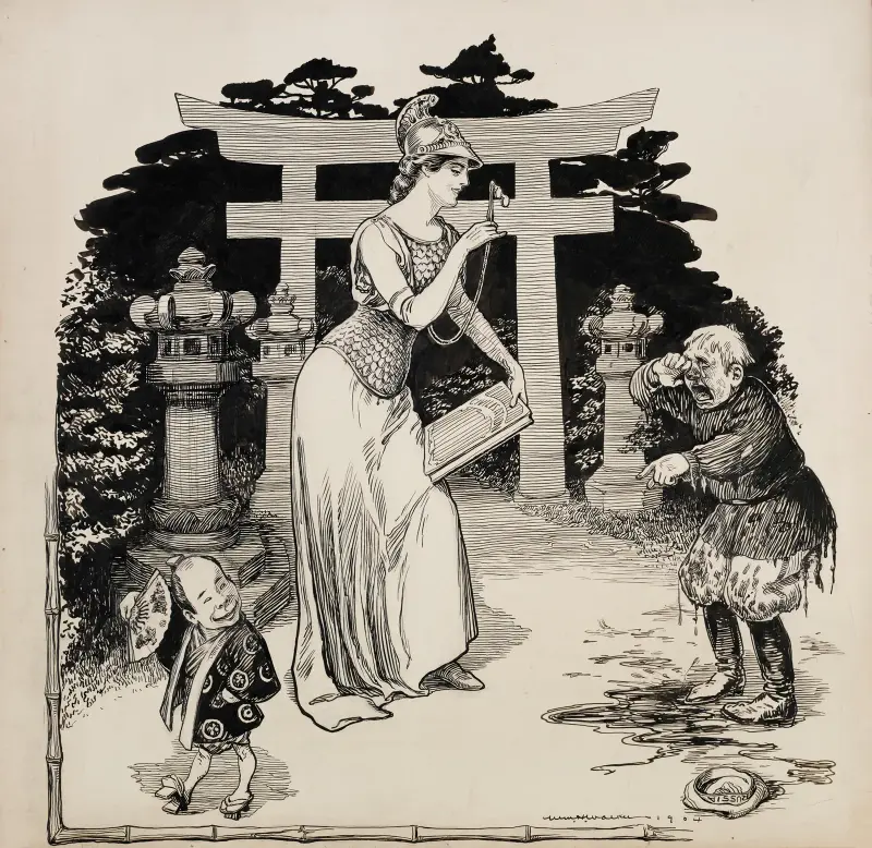 Kobieta uosabiająca cywilizację pociesza płaczące dziecko (Rosja), a uśmiechnięte dziecko (Japonia) przygląda się, William Henry Walker