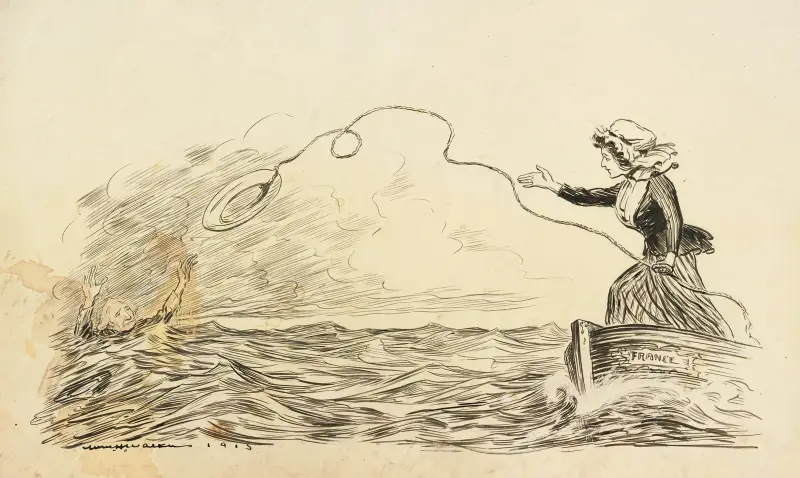 En kvinna som representerar Frankrike, i en liten båt på guppigt hav, kastar en livboj till en drunknande George Washington. av William Henry Walker
