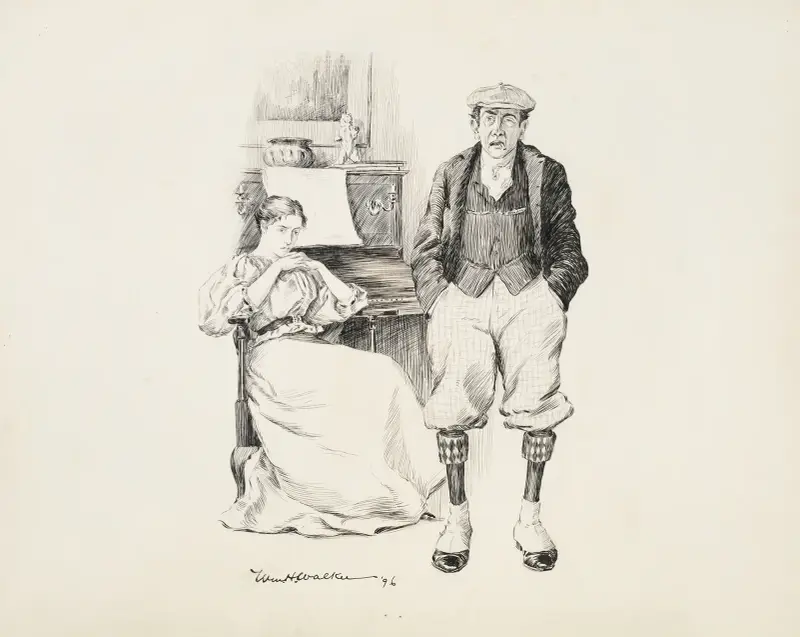 Frau am Klavier und stehender Mann mit den Händen in den Taschen, eine Zigarette rauchend von William Henry Walker