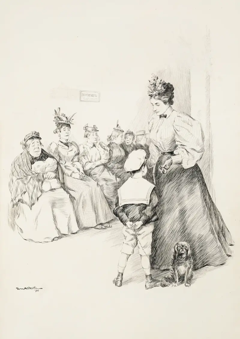 En kvinna talar med en pojke och hans hund av William Henry Walker