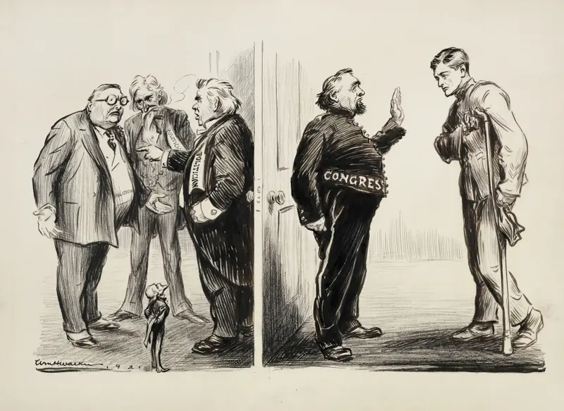 A wounded soldier is denied entrance to Congress, where three stout politicians are arguing. av William Henry Walker