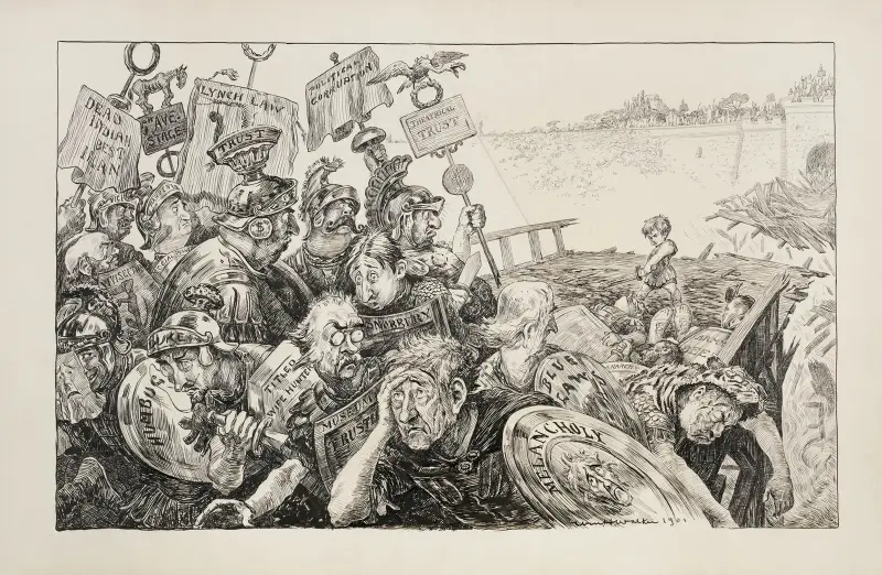 Ein junger Junge verteidigt erfolgreich ein Schloss gegen eine Armee von Männern, die verschiedene gesellschaftliche Probleme repräsentieren von William Henry Walker
