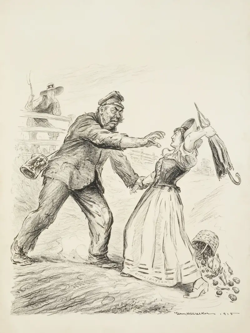 Ung bondflicka som representerar civilisationen grips av en grov man som representerar Tyskland eller Preussen och försöker försvara sig med ett paraply av William Henry Walker