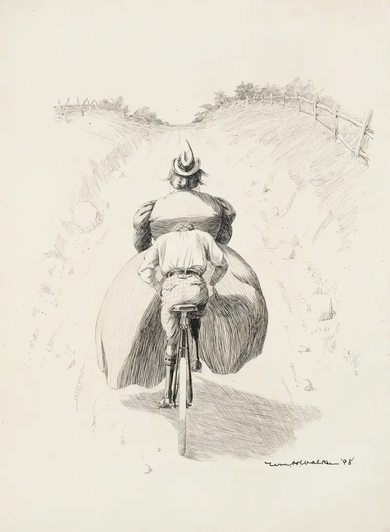 En ung man försöker trampa sin cykel uppför en backe med en fet kvinna på styret av William Henry Walker