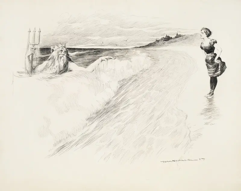 Eine junge Frau am Meeresstrand spricht mit Neptun von William Henry Walker