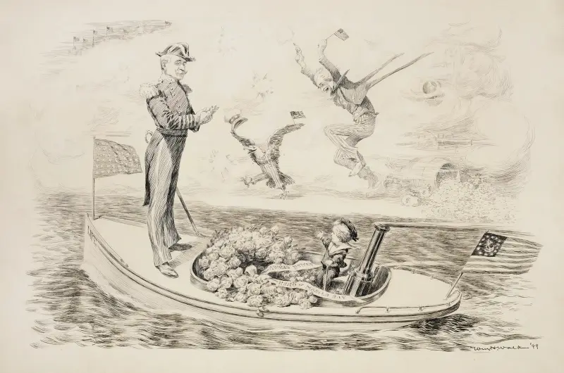 Admirał Dewey płynie łodzią (zwaną Życiem), którą steruje młody chłopiec, William Henry Walker
