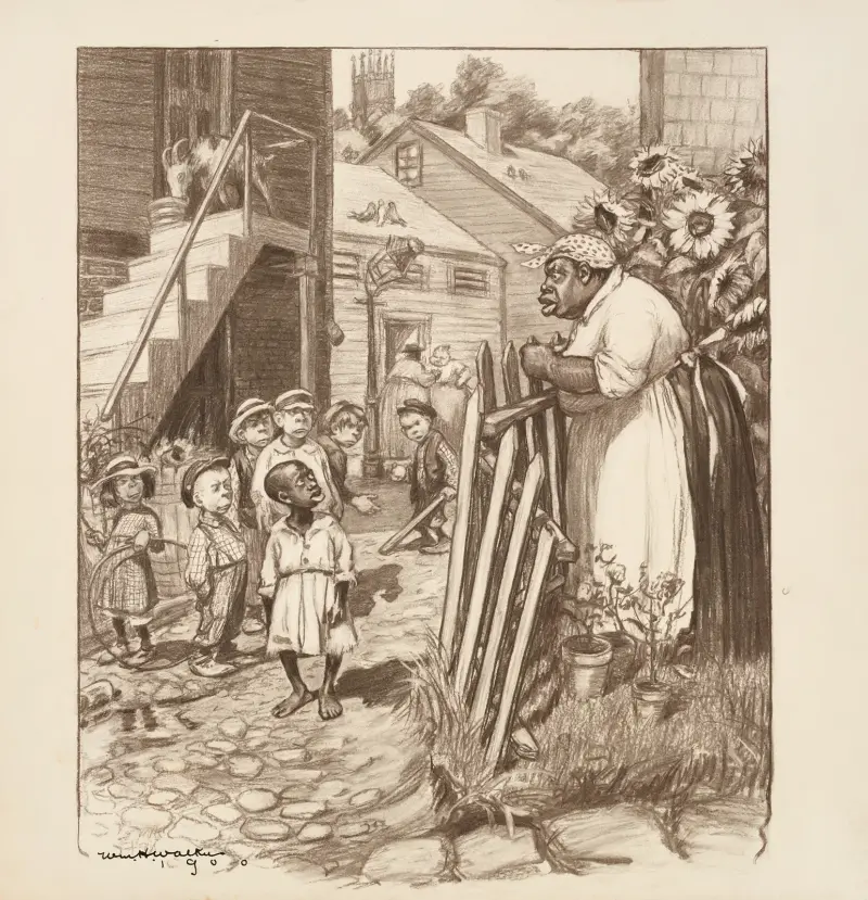 Eine afroamerikanische Frau spricht wütend mit einem afroamerikanischen Jungen, der mit einer Gruppe weißer Kinder auf der Straße steht von William Henry Walker