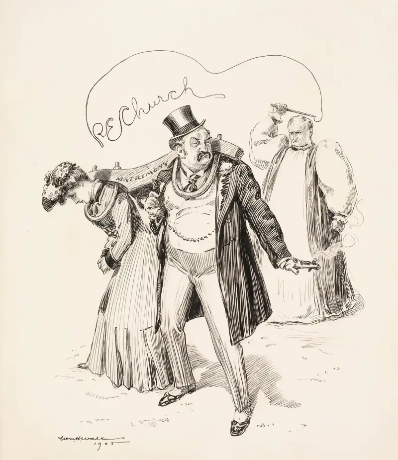 An angry man and a sad woman are yoked together in matrimony by a priest in a large robe, William Henry Walker