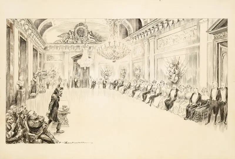 Rozgniewany mężczyzna przemawia do rzędu siedzących zamożnych mężczyzn i kobiet w eleganckiej sali balowej, William Henry Walker