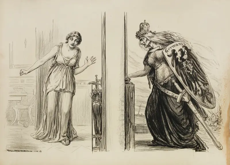 An angry old woman in armor, representing Germania, tries to break into the room of a scared young woman av William Henry Walker