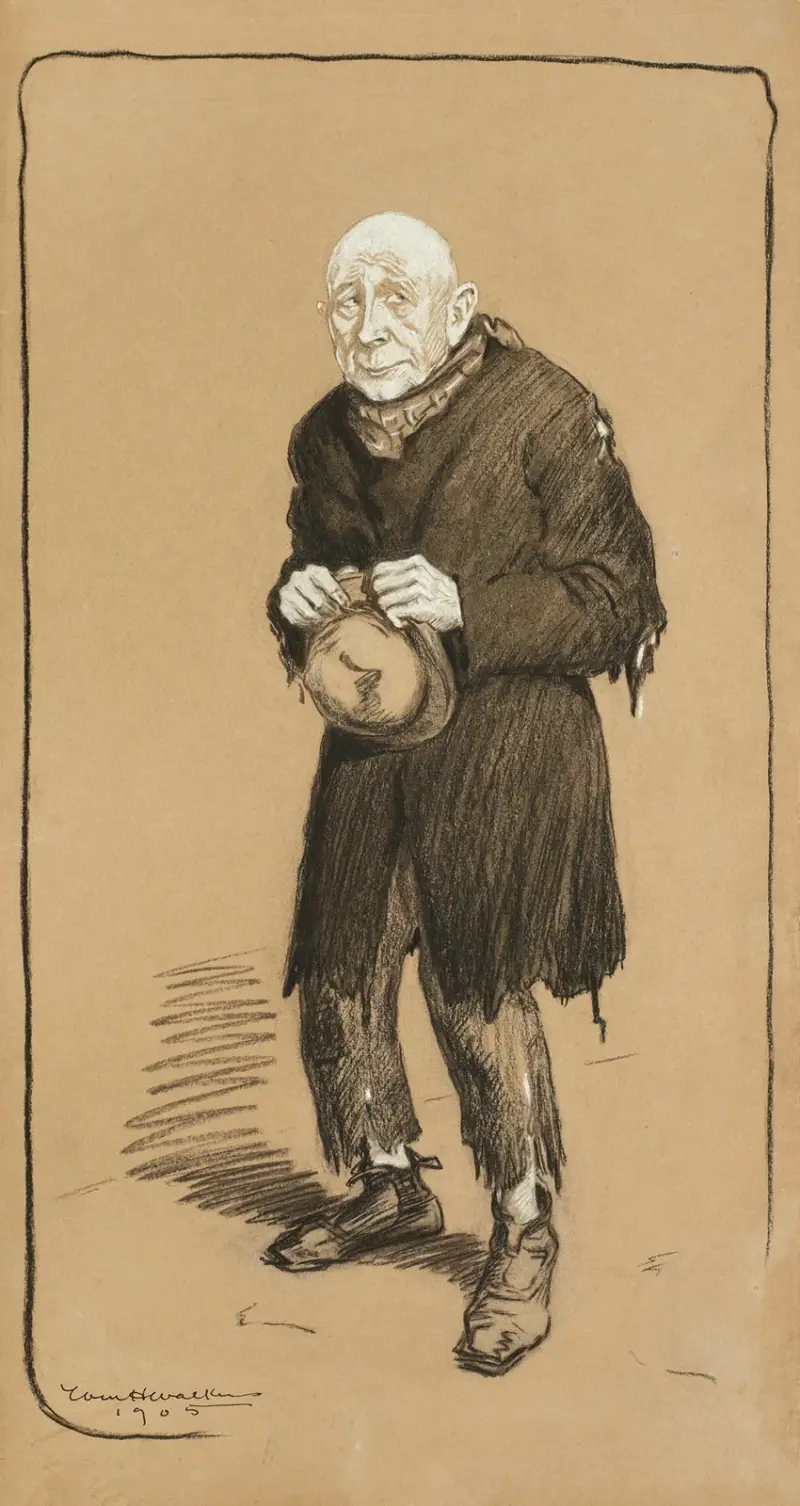Ein älterer Mann in zerlumpter Kleidung mit dem Hut in der Hand von William Henry Walker