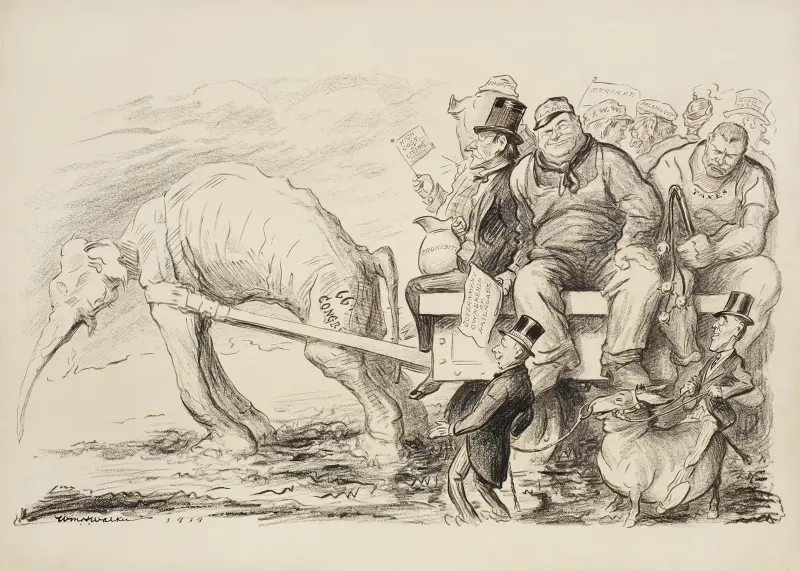 Ein abgemagerter Elefant der Republikanischen Partei, der den G.O.P.-Kongress vertritt, müht sich, einen Wagen voller großer Männer zu ziehen von William Henry Walker