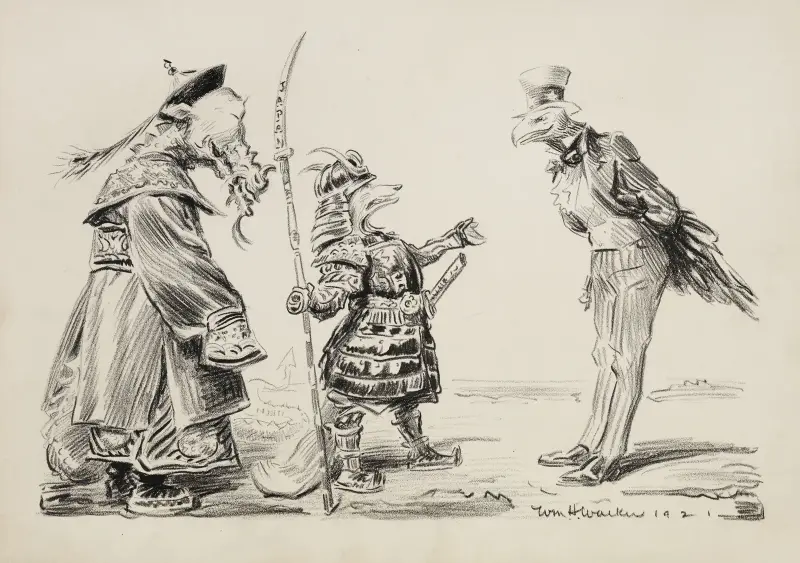Tiere, die Länder repräsentieren. Die Vereinigten Staaten (Adler) sprechen mit China (Drache) und Japan (Fuchs) von William Henry Walker