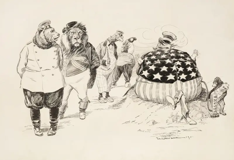 Animals representing Russia, England, France, and an unidentified bird watch the United States eagle be inflated by the Trusts. av William Henry Walker