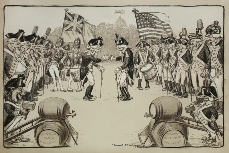 Armeen alter Männer, amerikanische und britische, treffen sich auf einem Feld mit Spazierstöcken statt Gewehren von William Henry Walker
