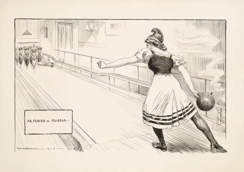 As played in Russia; a woman representing Liberty is bowling av William Henry Walker