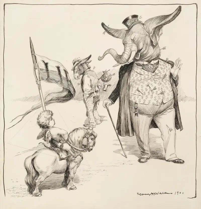 Både den rika republikanska partiets elefant och den fattiga demokratiska partiets åsna har träffats av flera pilar från en kerub av William Henry Walker