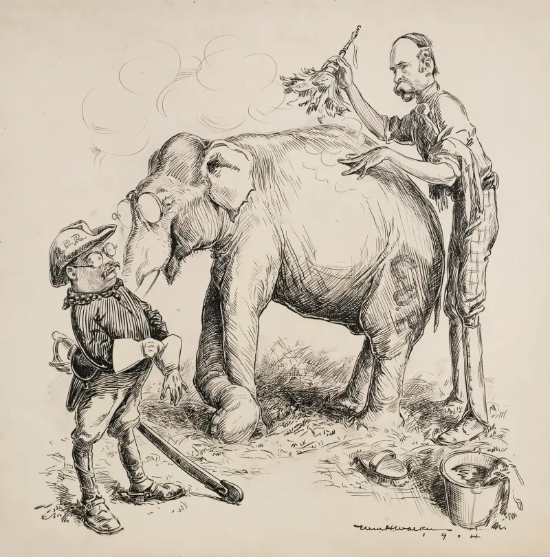 Charles Fairbanks wäscht den Elefanten der Republikanischen Partei für Theodore Roosevelt, der sich anschickt, ihn zu reiten von William Henry Walker