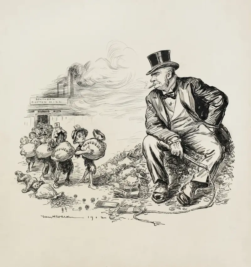 Children in rags, carry bags of dividends from a southern cotton mill to a rich man sitting on a pile of money, William Henry Walker