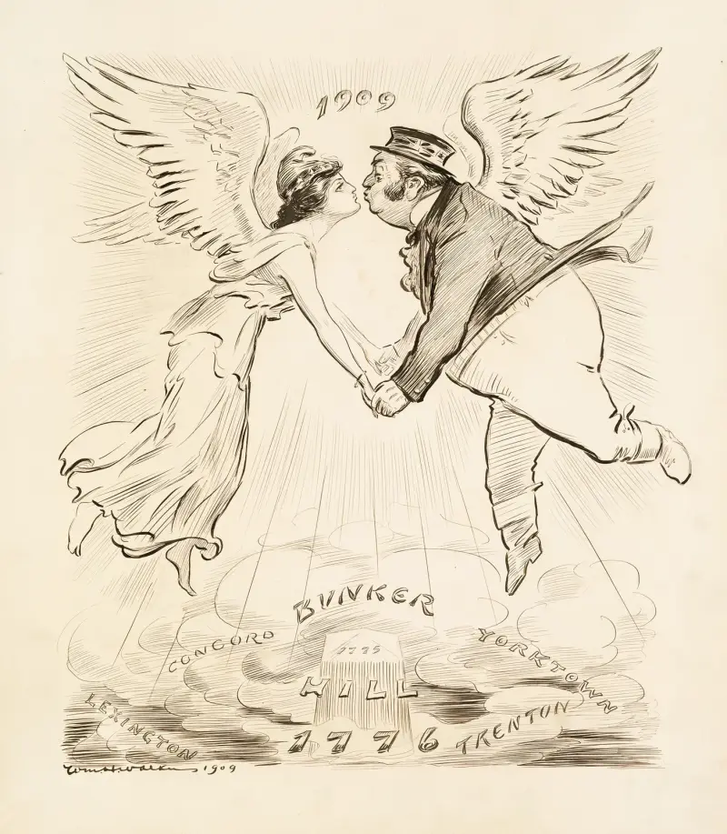 Columbia (USA) och John Bull (Storbritannien) flyger med vingar, håller hand och kysser varandra år 1909 av William Henry Walker