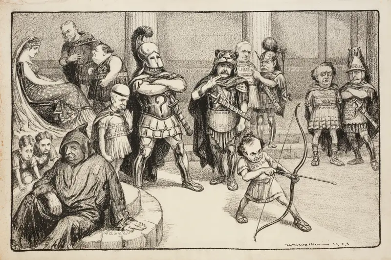 Columbia (eine Frau, die die Vereinigten Staaten repräsentiert) sitzt auf einem Thron, umgeben von mehreren als Ritter und Adlige dargestellten Politikern von William Henry Walker