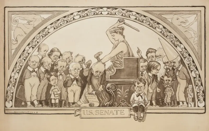 Columbia (en kvinna som representerar USA) lägger medlemmar av USA:s senat över knäet och spänner dem. av William Henry Walker