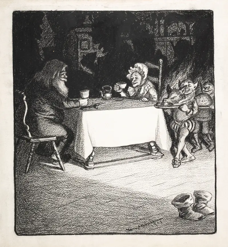 Elfen servieren dem Weihnachtsmann und Frau Weihnachtsmann das Abendessen von William Henry Walker