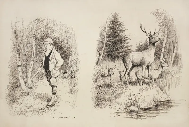 Hirschfamilie am Bach, wachsam von William Henry Walker