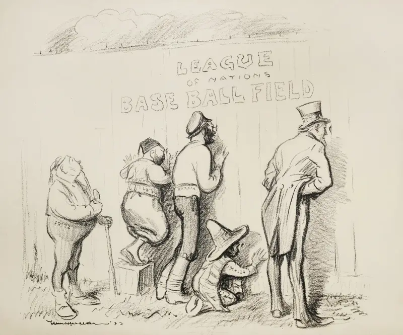 Pięciu mężczyzn, Fritz, Turcja, Rosja, Meksyk i Wuj Sam, wyglądających przez dziury w murze na „League of Nations Base Ball Field”, William Henry Walker