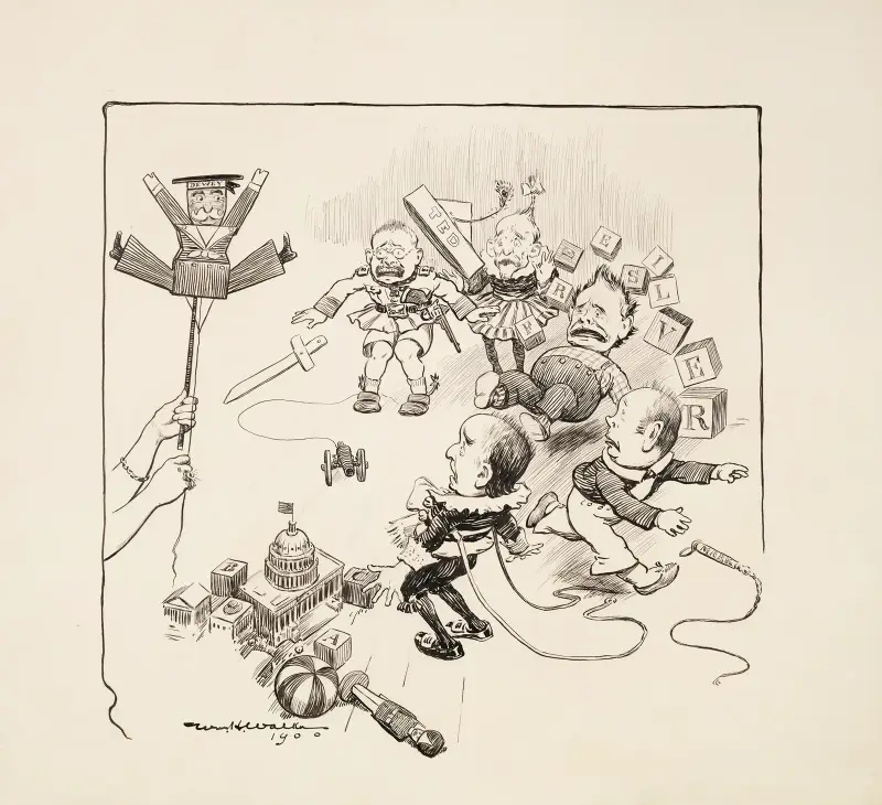 Fünf Männer, darunter Theodore Roosevelt, als Kinder dargestellt, die mit Bauklötzen spielen, die „free silver“ buchstabieren von William Henry Walker