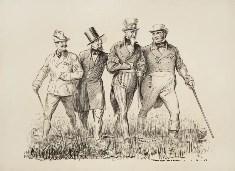 Czterech mężczyzn radośnie idzie razem przez pole, wśród nich Uncle Sam i mężczyzna reprezentujący Wielką Brytanię, William Henry Walker