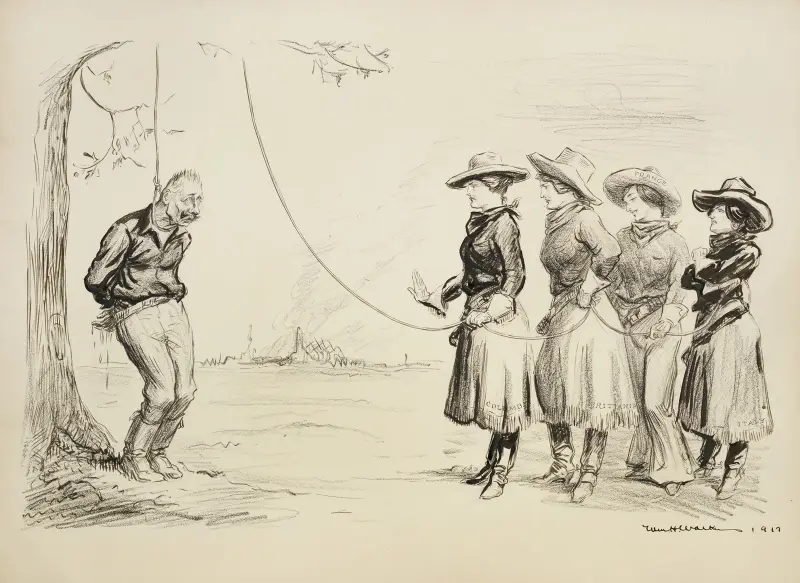 Vier Frauen in westlicher Kleidung bereiten sich darauf vor, einen gefesselten Kaiser Wilhelm II. an einem Baum aufzuhängen von William Henry Walker