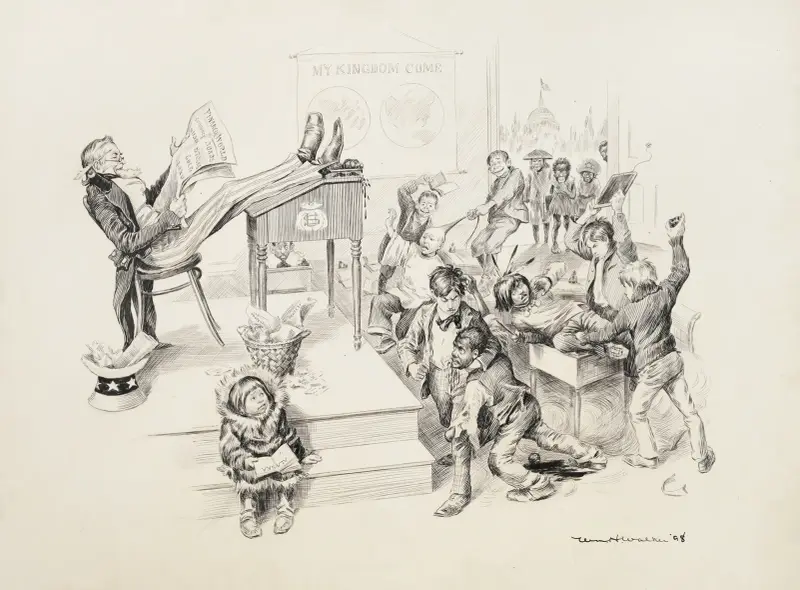 In einem Klassenzimmer ist Uncle Sam der Lehrer, ignoriert die Schüler und liest über Finanzen von William Henry Walker