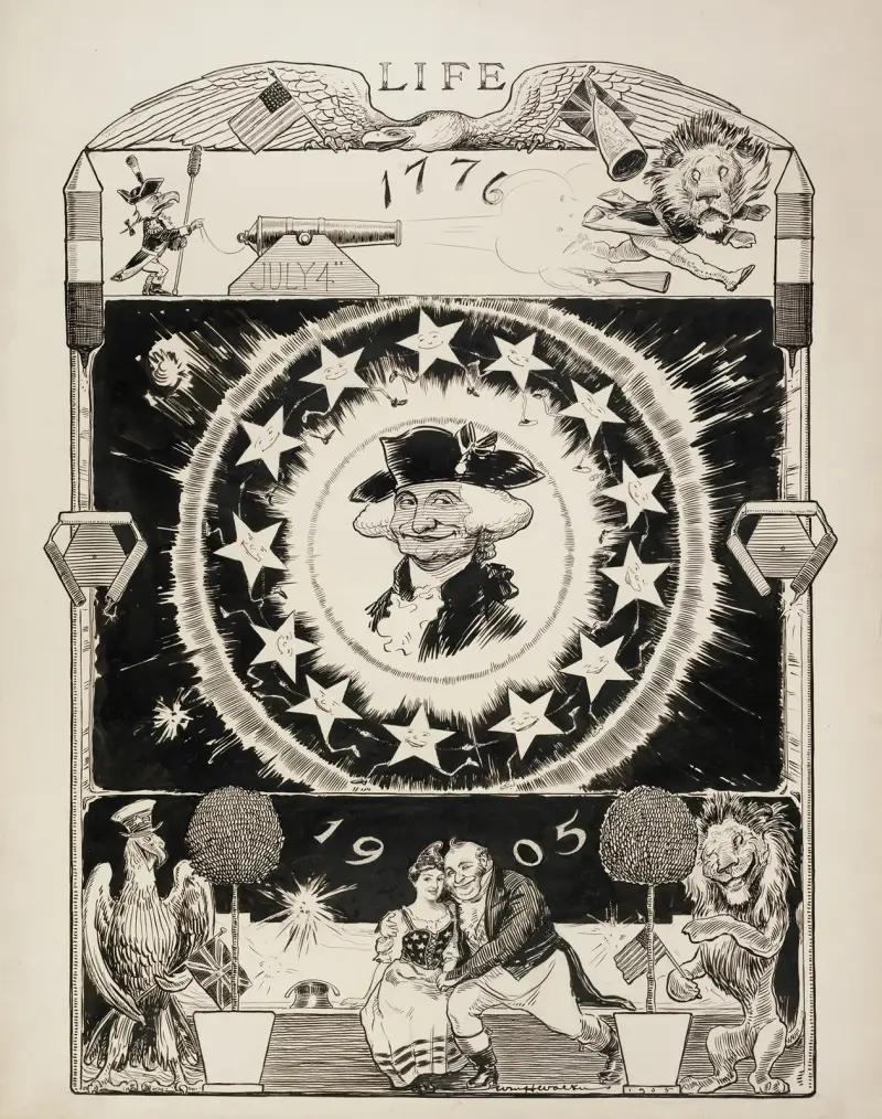 In the center of the image is George Washington, smiling. In the top, the American eagle with a cannon defeats the British lion on July 4, 1776 av William Henry Walker