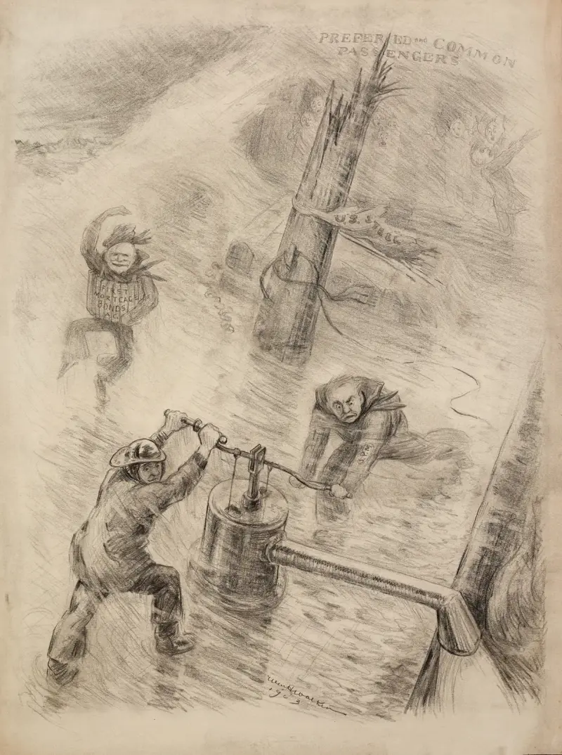 J.P. Morgan und Charles Schwab versuchen, Wasser aus einem sinkenden Schiff zu pumpen, das die amerikanische Stahlindustrie repräsentiert von William Henry Walker