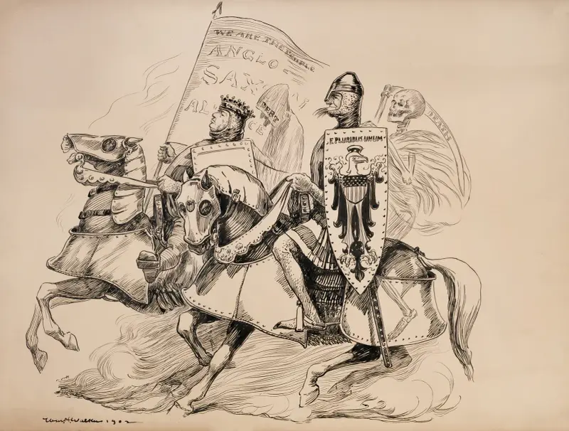 John Bull (Großbritannien) und Uncle Sam reiten in mittelalterlicher Rüstung in die Schlacht von William Henry Walker