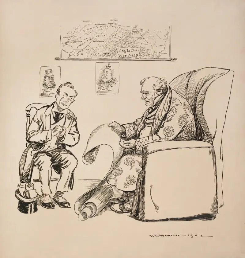 John Bull (Großbritannien) liest besorgt eine lange Schriftrolle. Hinter ihm eine Karte des Burenkriegs von William Henry Walker