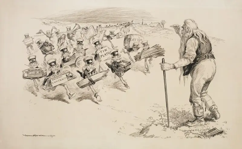 John Bull (Great Britain) stands in a field as many small versions of Uncle Sam run towards him to offer various goods and raw materials. av William Henry Walker