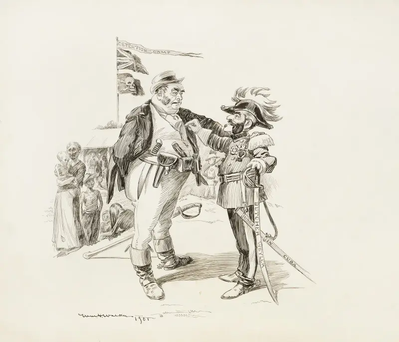 John Bull (Anglia) rozmawia z żołnierzem niosącym miecz z napisem „Butcher Weyler Used in Cuba”, William Henry Walker