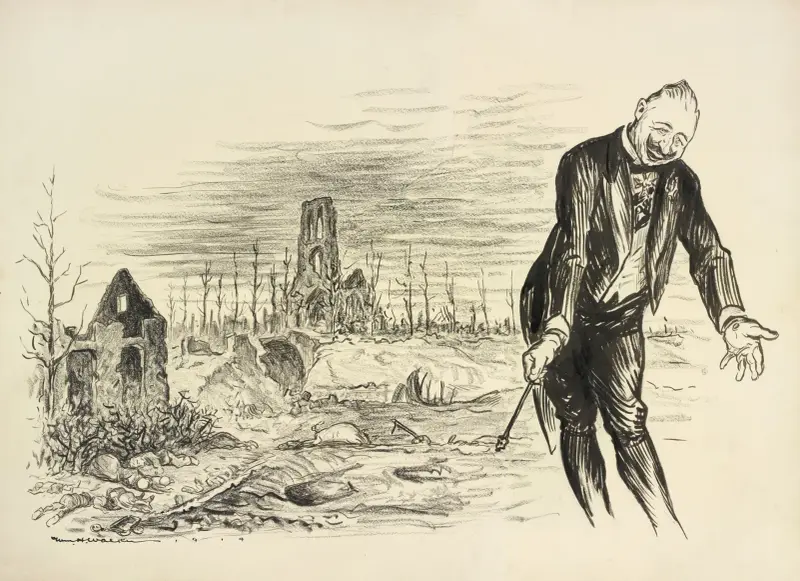 Kejsar Wilhelm II bugar leende framför ruinerna av en stad. av William Henry Walker